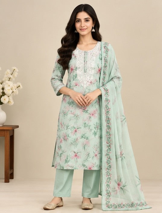 Women’s Mint Green Silk Blend Floral Printed Salwar Kurta Dupatta Set