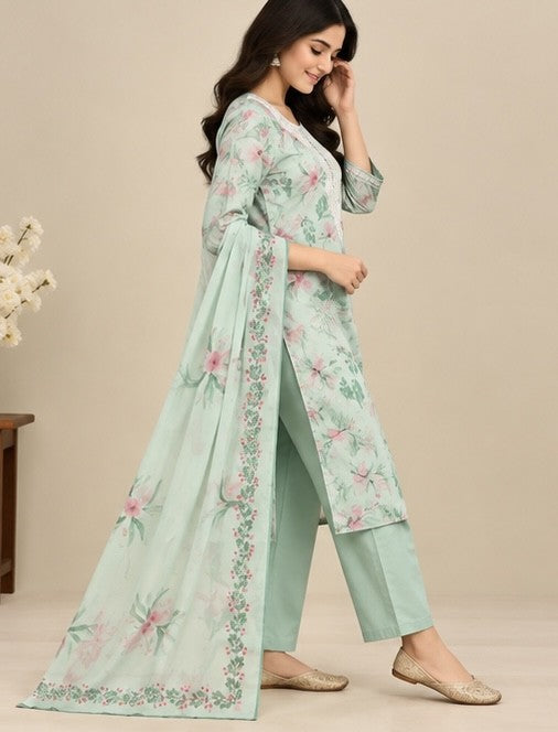 Women’s Mint Green Silk Blend Floral Printed Salwar Kurta Dupatta Set