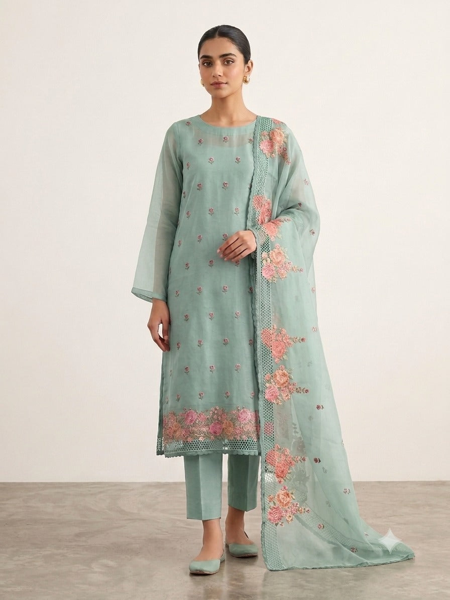 Organza Silk Floral Embroidered Unstitched Dress Material with Dupatta