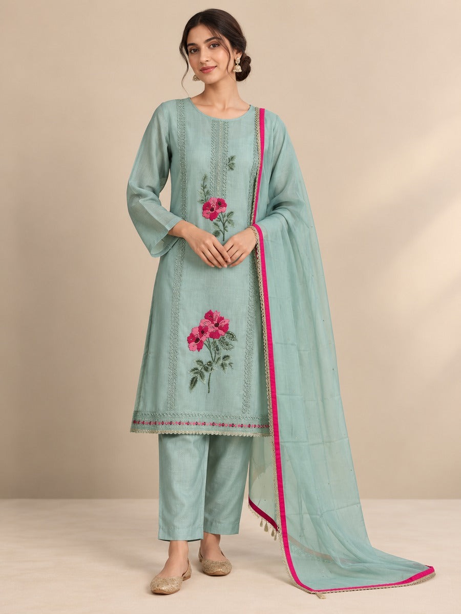 Tissue Silk Floral Embroidered Unstitched Dress Material with Dupatta