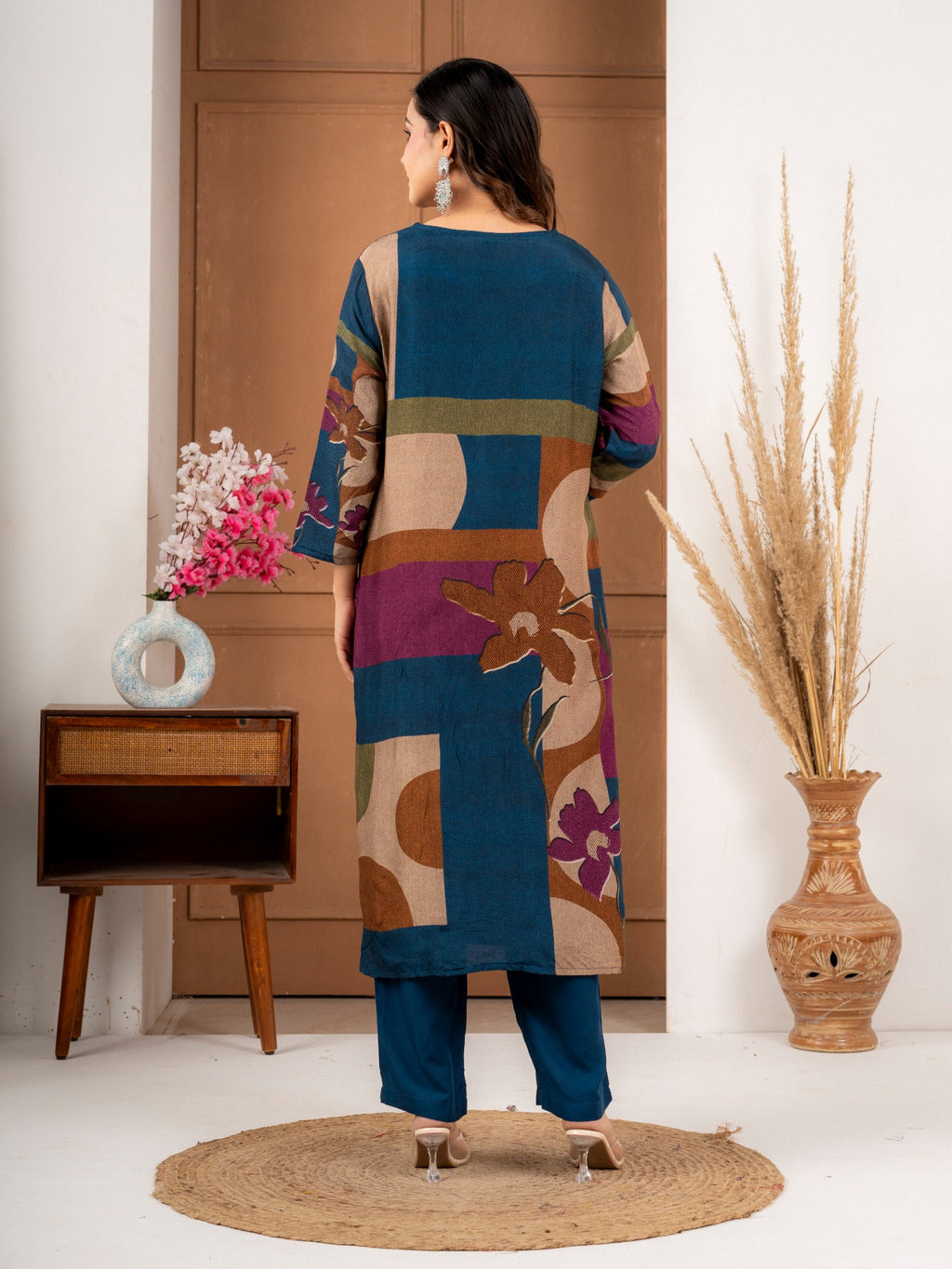 Midnight Blue Viscose Silk Ethnic Suit Set for Women