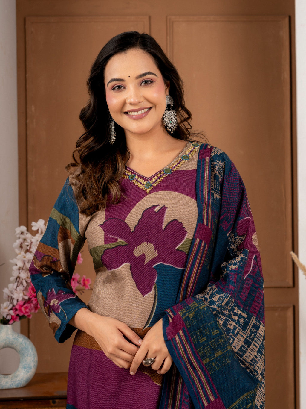 Midnight Blue Viscose Silk Ethnic Suit Set for Women