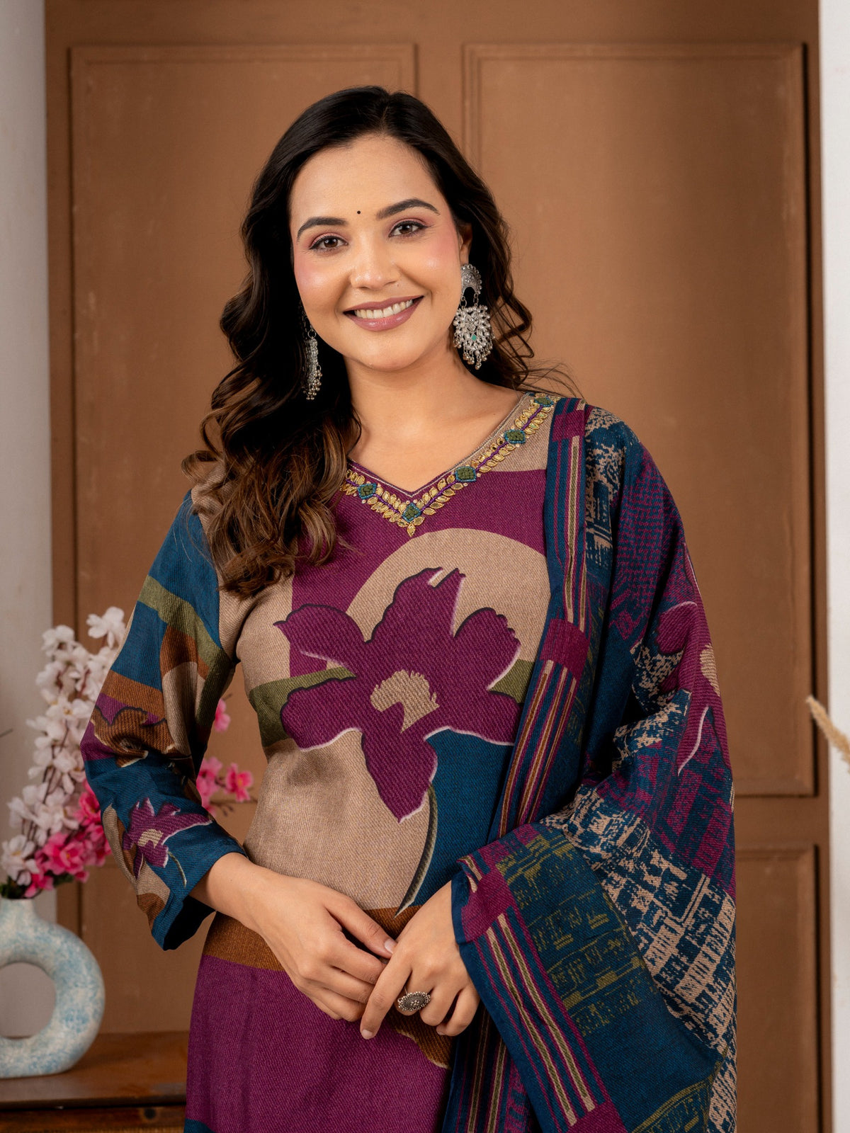 Midnight Blue Viscose Silk Ethnic Suit Set for Women