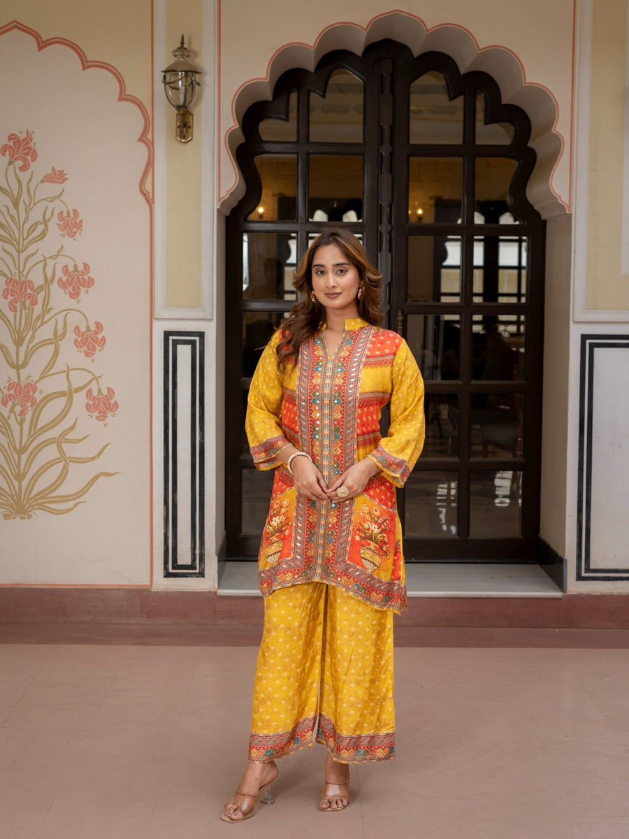 Mustard Printed Co-Ord Set for Women Ethnic Kurta & Palazzo Set