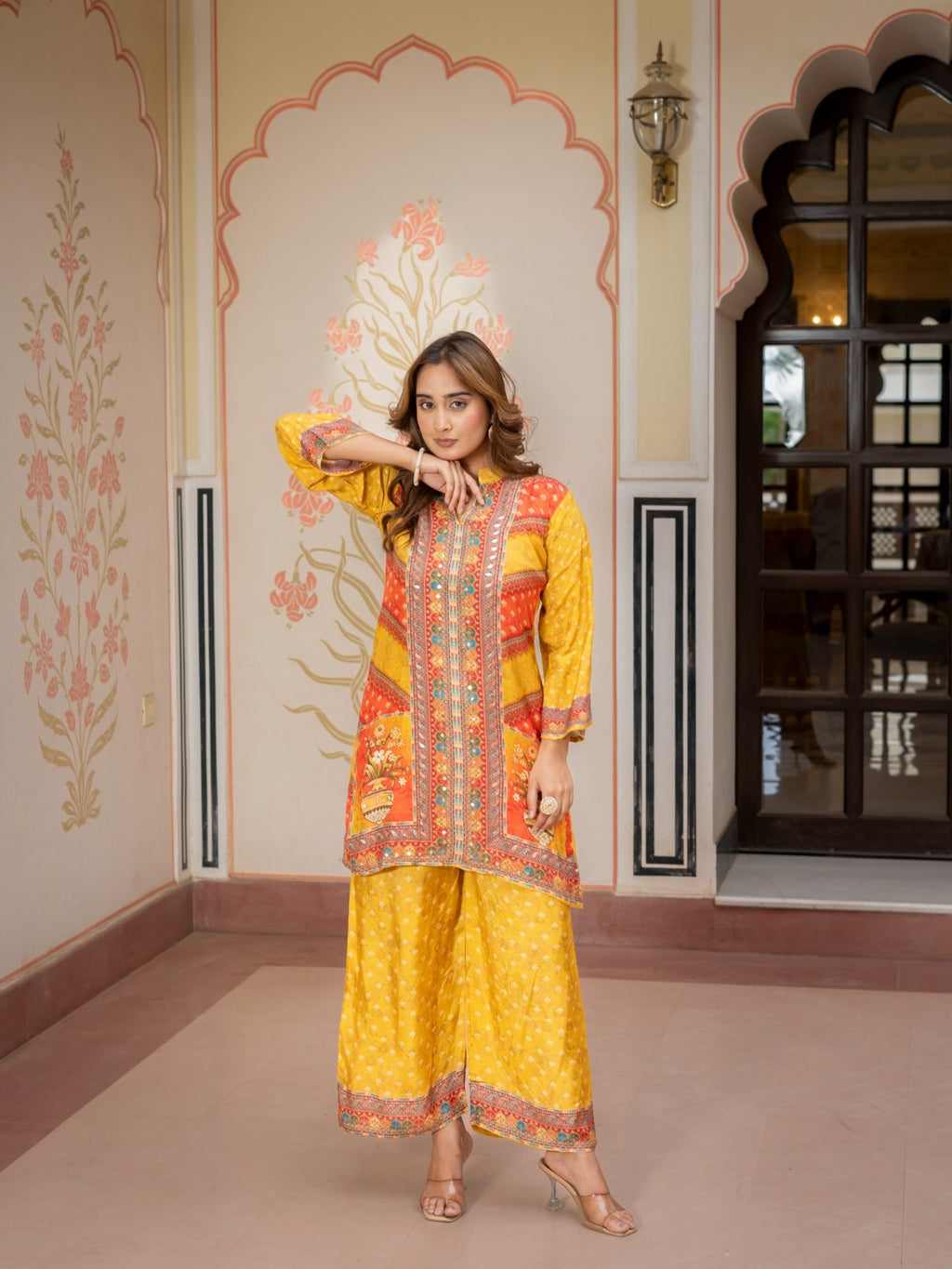 Mustard Printed Co-Ord Set for Women Ethnic Kurta & Palazzo Set