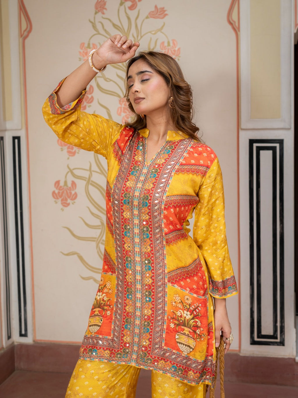 Mustard Printed Co-Ord Set for Women Ethnic Kurta & Palazzo Set