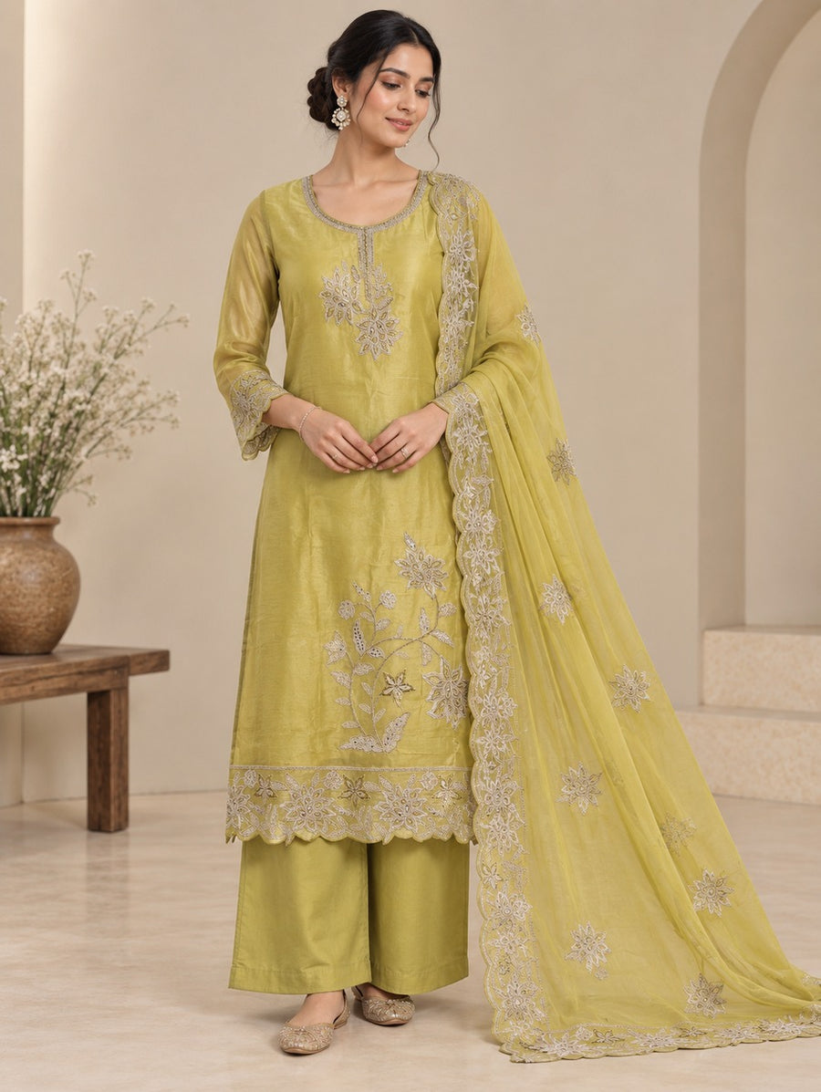 Chanderi Silk Floral Embroidered Unstitched Dress Material with Dupatta