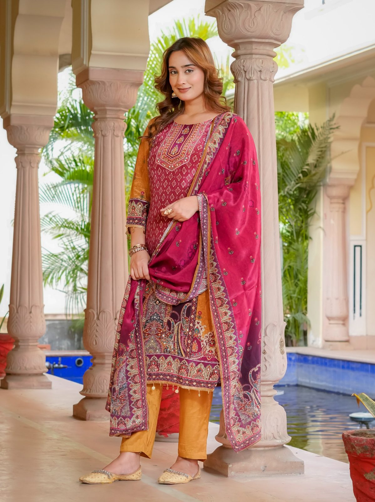Mustard & Magenta Silk Blend Salwar Kurta Dupatta Set for Women