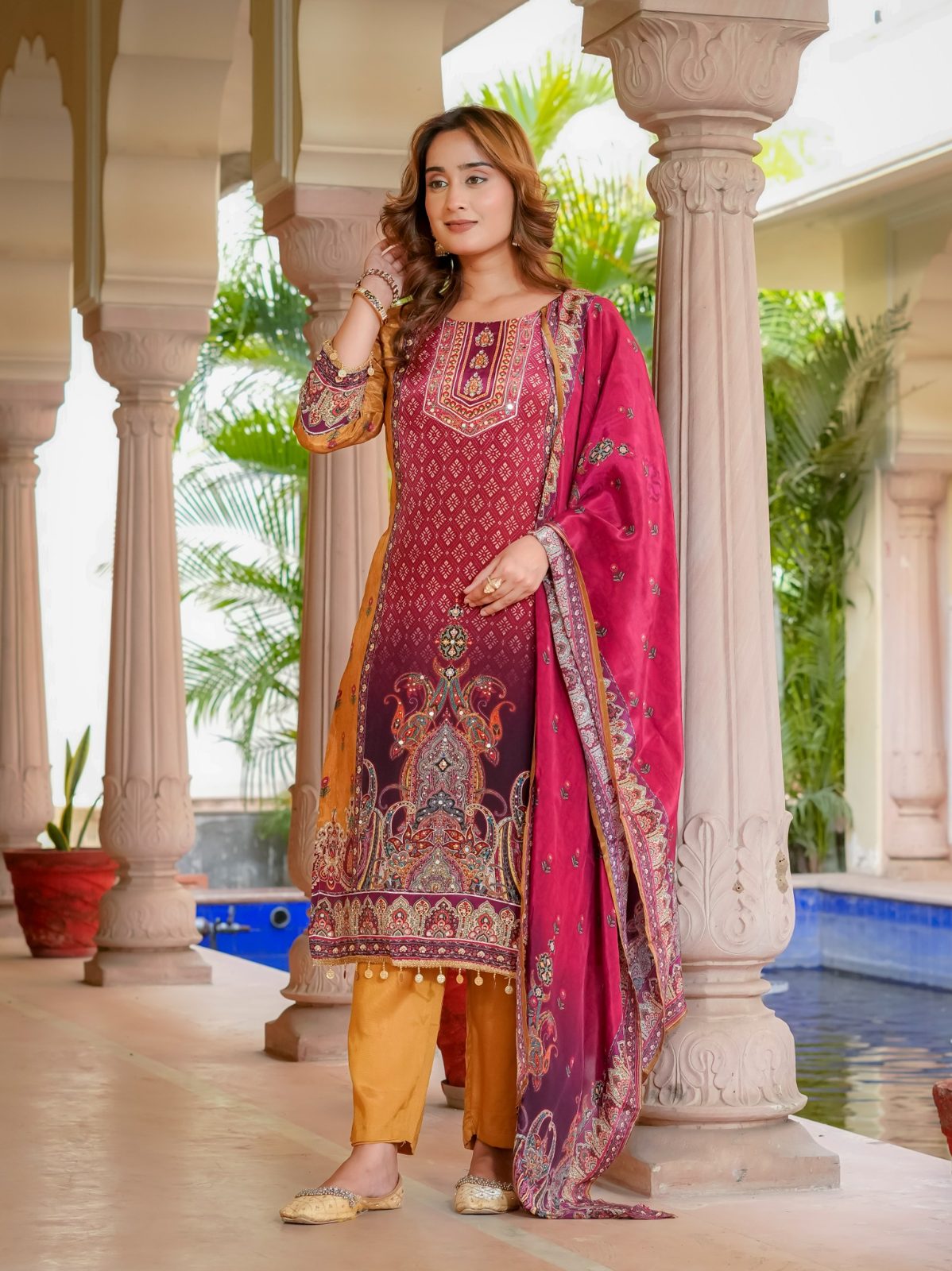Mustard & Magenta Silk Blend Salwar Kurta Dupatta Set for Women