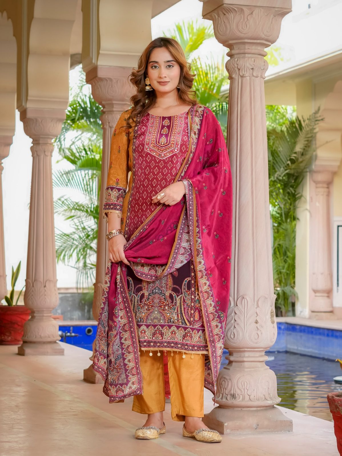 Mustard & Magenta Silk Blend Salwar Kurta Dupatta Set for Women