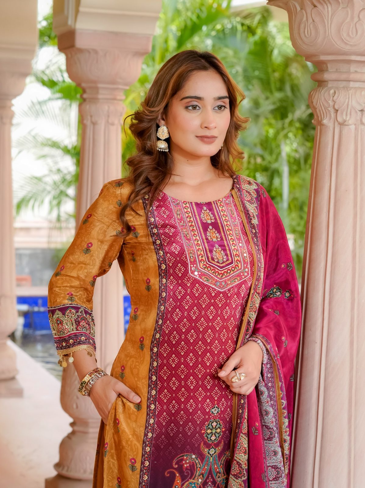 Mustard & Magenta Silk Blend Salwar Kurta Dupatta Set for Women