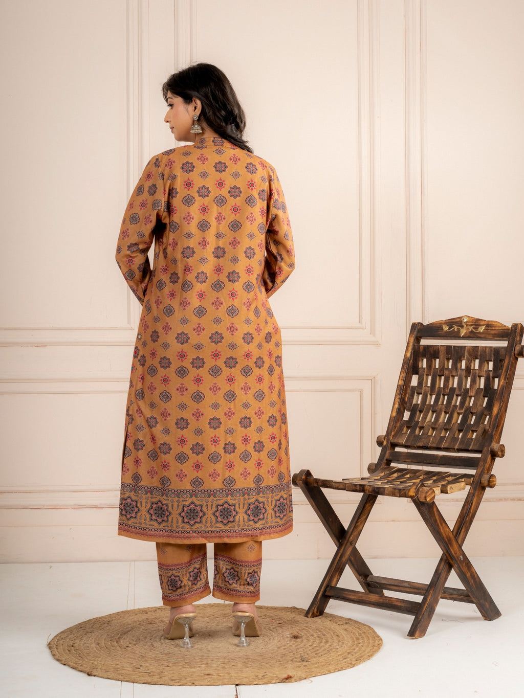 Mustard Printed Wool Blend Layered Suit Set