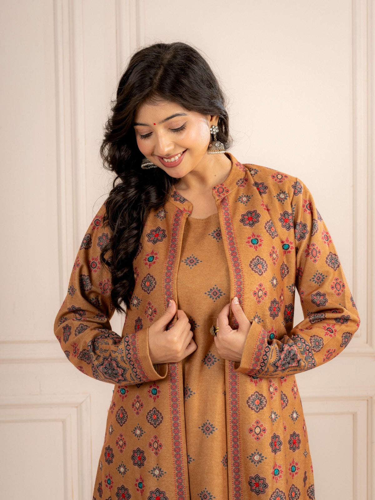 Mustard Printed Wool Blend Layered Suit Set