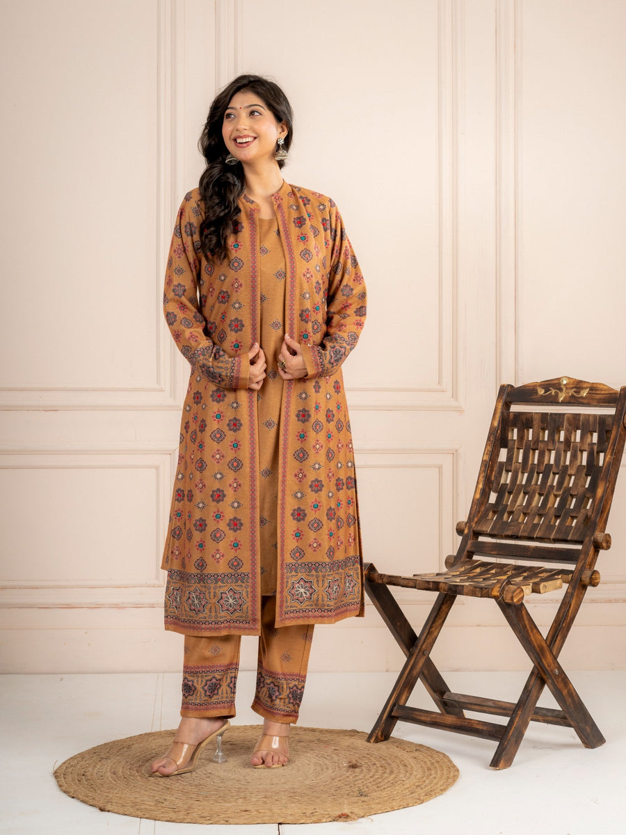 Mustard Printed Wool Blend Layered Suit Set