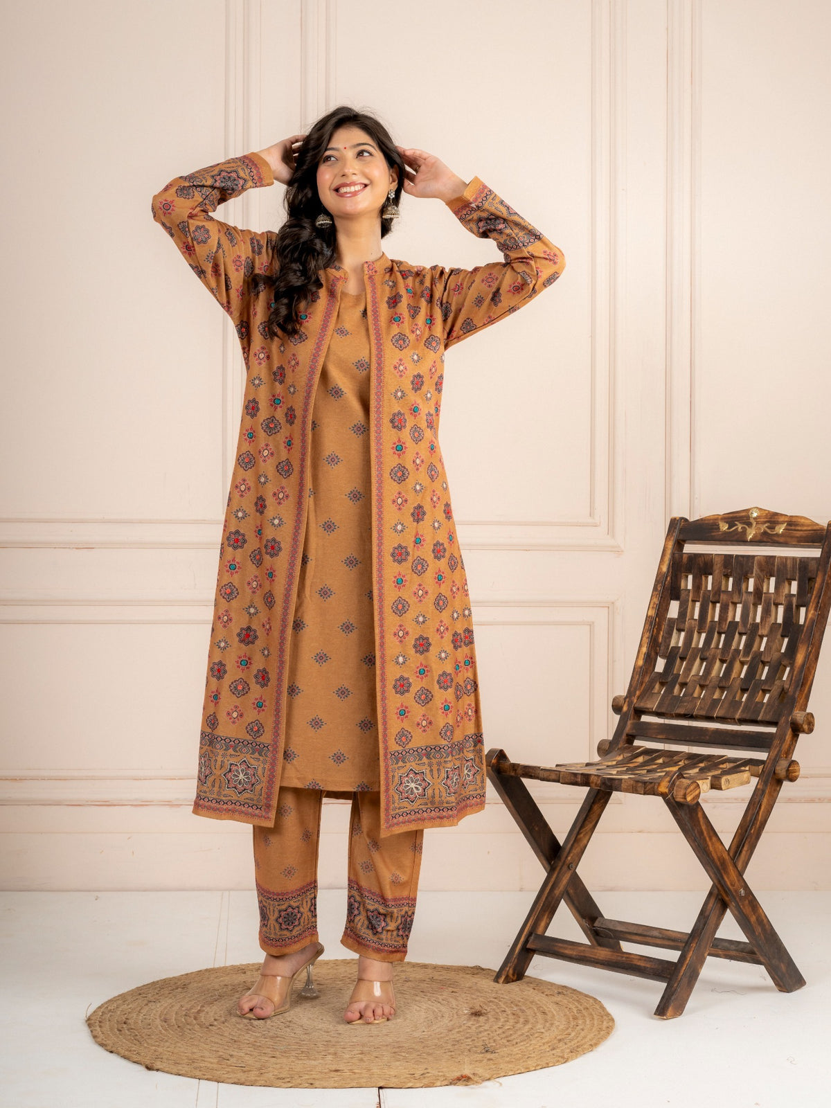Mustard Printed Wool Blend Layered Suit Set