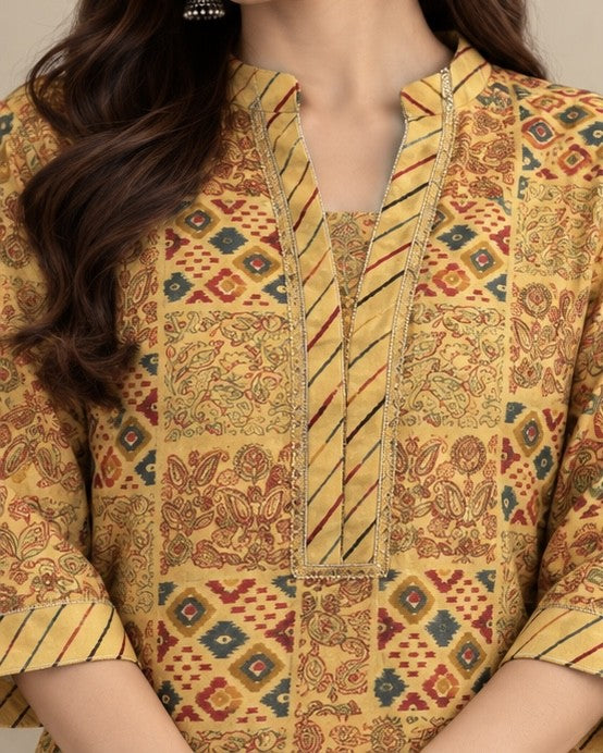Mustard Yellow Printed Silk Blend Co-ord Set