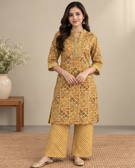 Mustard Yellow Printed Silk Blend Co-ord Set