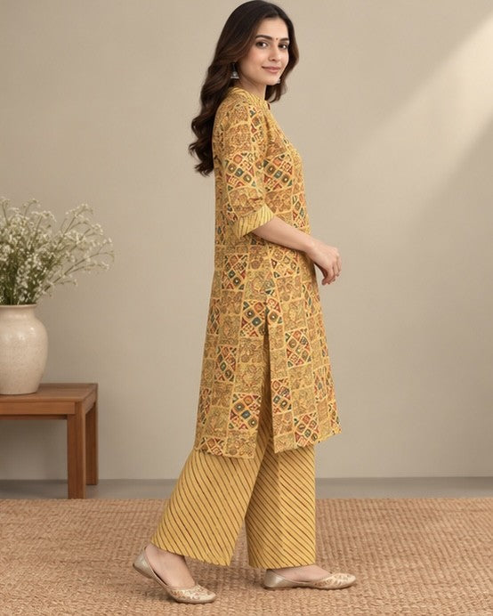 Mustard Yellow Printed Silk Blend Co-ord Set