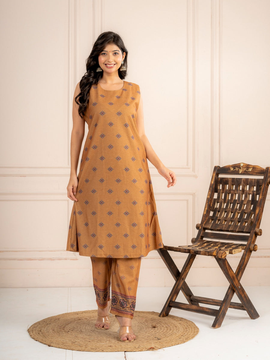 Mustard Printed Wool Blend Layered Suit Set