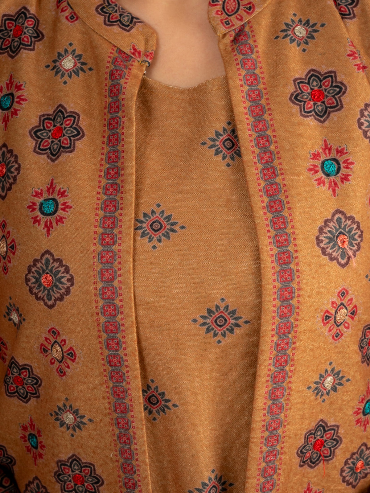 Mustard Printed Wool Blend Layered Suit Set