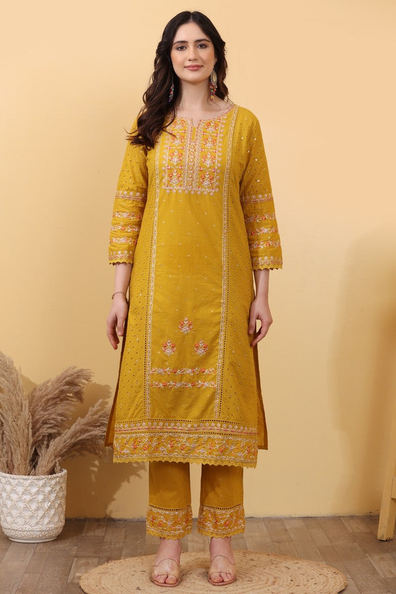 Mustard Yellow Cotton Embroidered Straight Suit Set