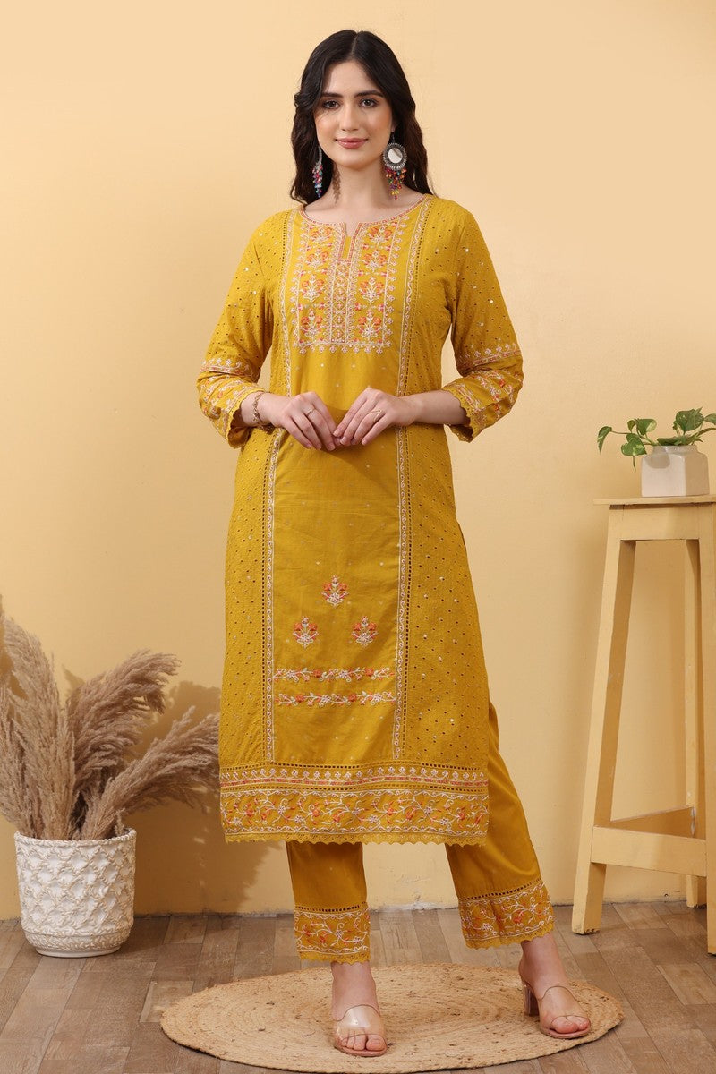 Mustard Yellow Cotton Embroidered Straight Suit Set