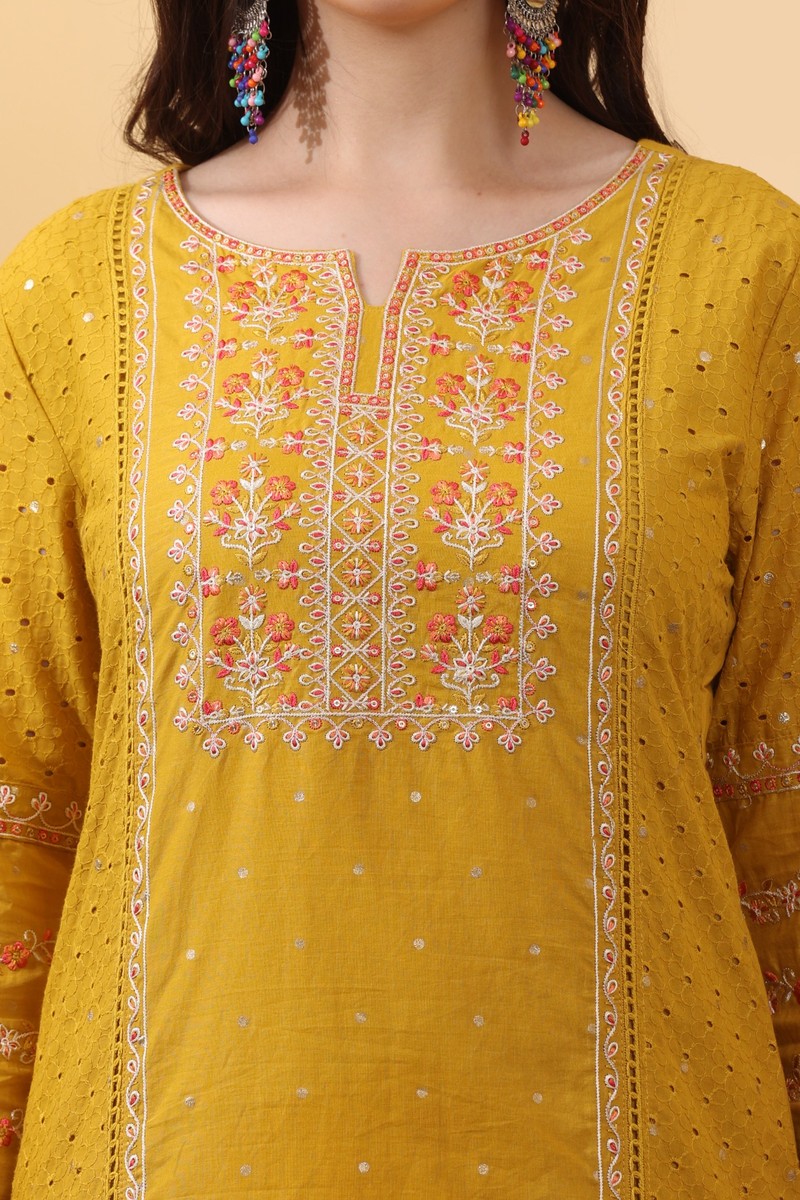 Mustard Yellow Cotton Embroidered Straight Suit Set