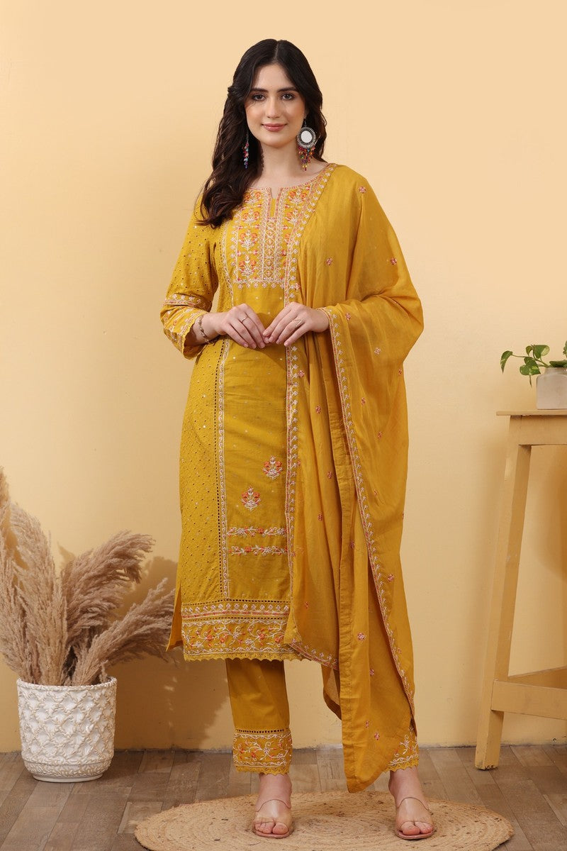 Mustard Yellow Cotton Embroidered Straight Suit Set