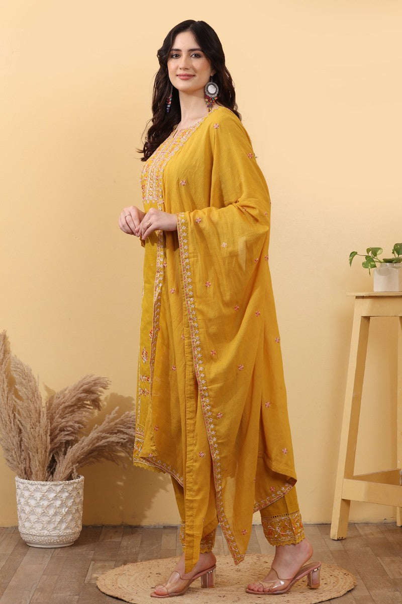Mustard Yellow Cotton Embroidered Straight Suit Set