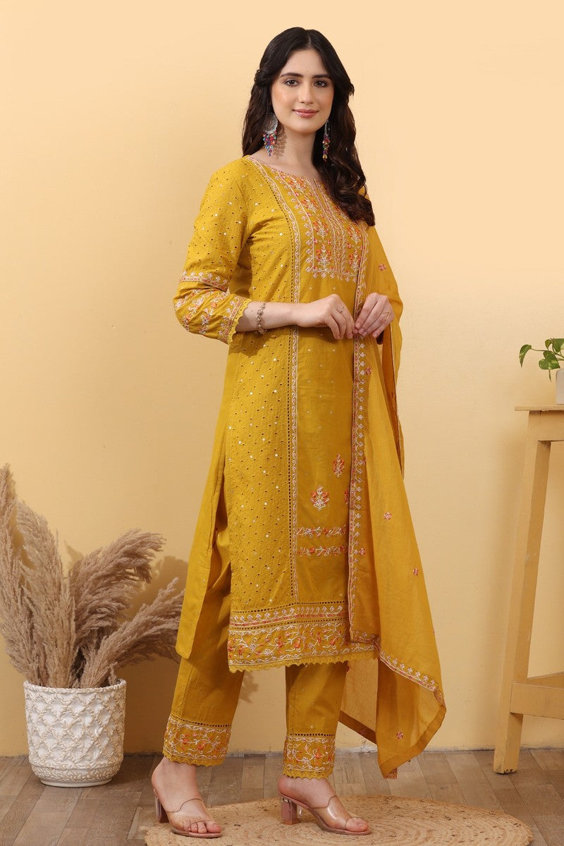 Mustard Yellow Cotton Embroidered Straight Suit Set