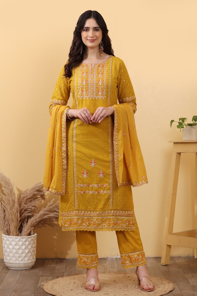 Mustard Yellow Cotton Embroidered Straight Suit Set