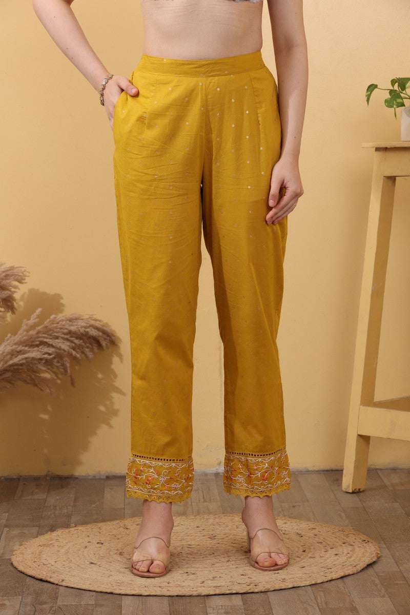 Mustard Yellow Cotton Embroidered Straight Suit Set