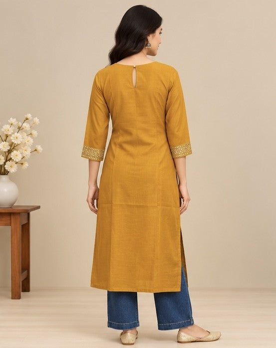 Mustard Rayon Embroidered Straight Kurti for Women