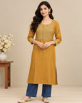 Mustard Rayon Embroidered Straight Kurti for Women