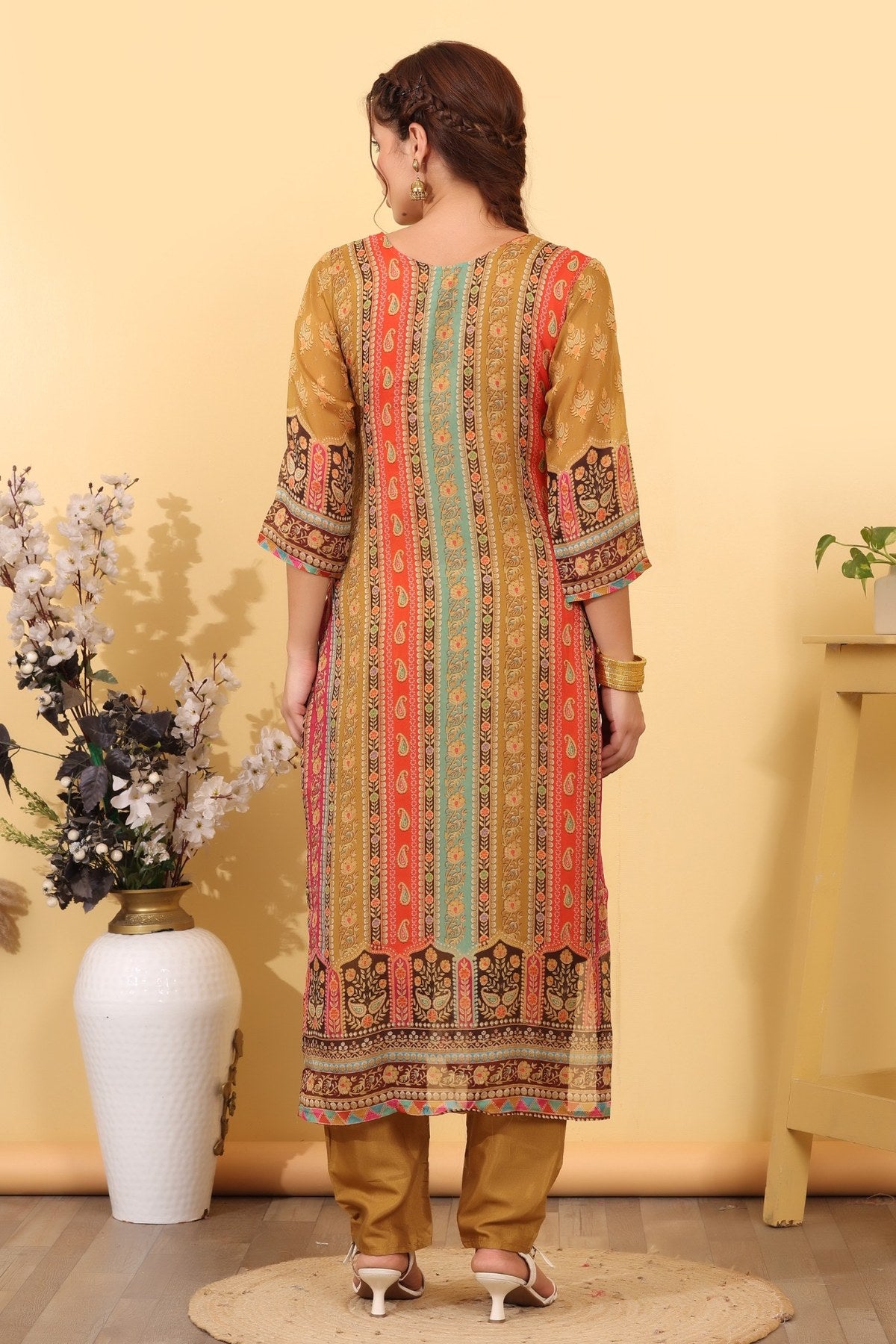 Ochre Roman Silk Printed & Embroidered Suit Set