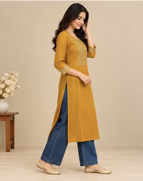 Mustard Rayon Embroidered Straight Kurti for Women