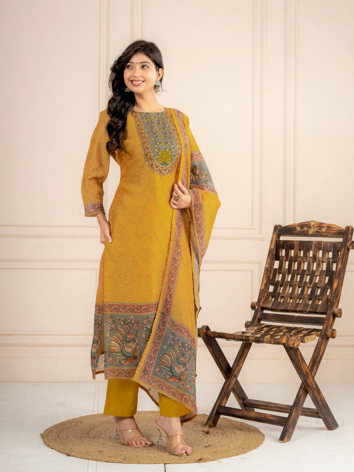 Mustard Chanderi Silk Printed Suit Set with Dupatta