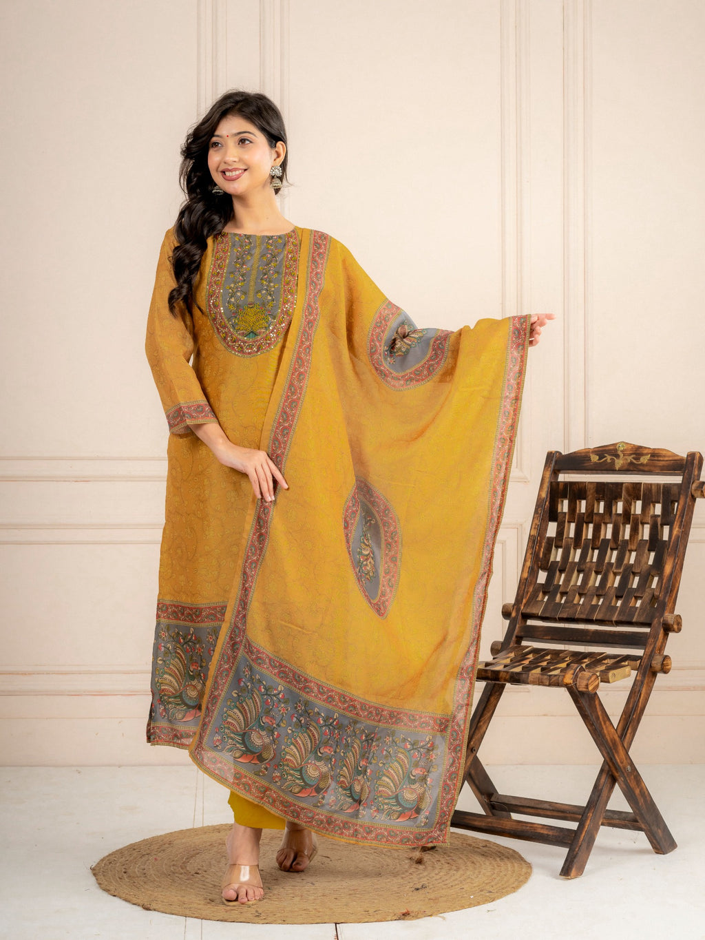 Mustard Chanderi Silk Printed Suit Set with Dupatta
