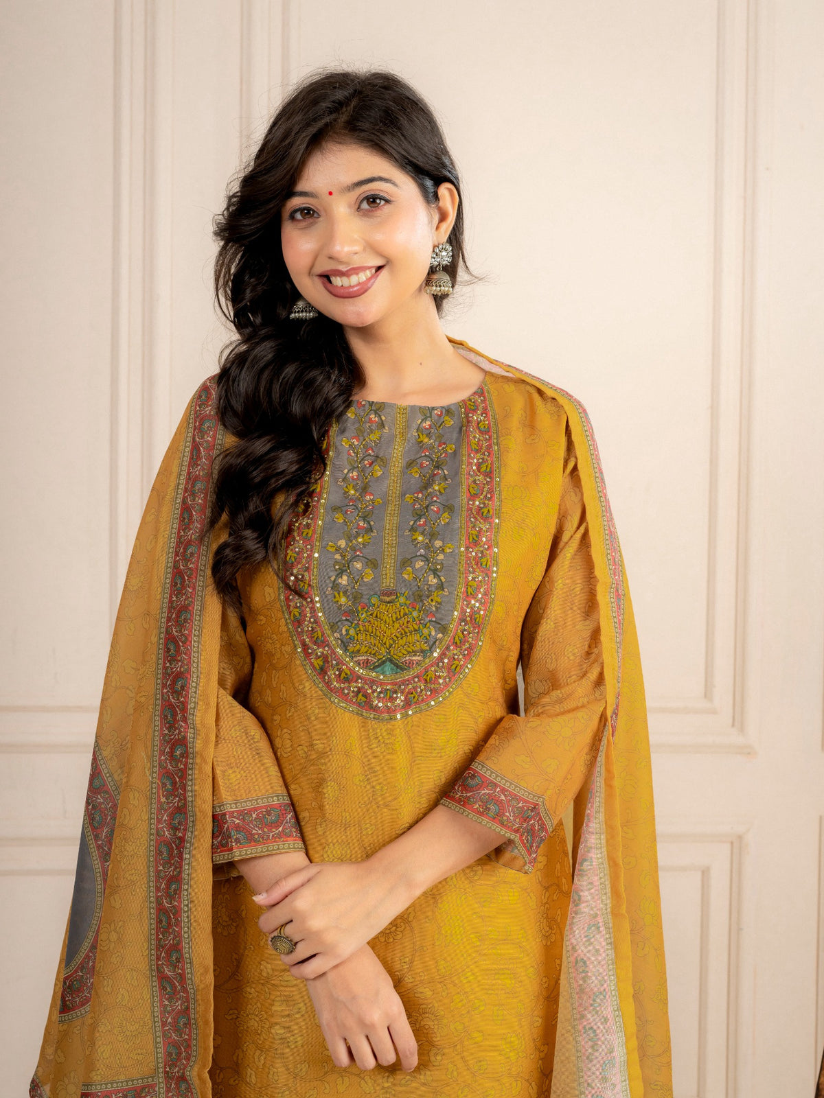 Mustard Chanderi Silk Printed Suit Set with Dupatta
