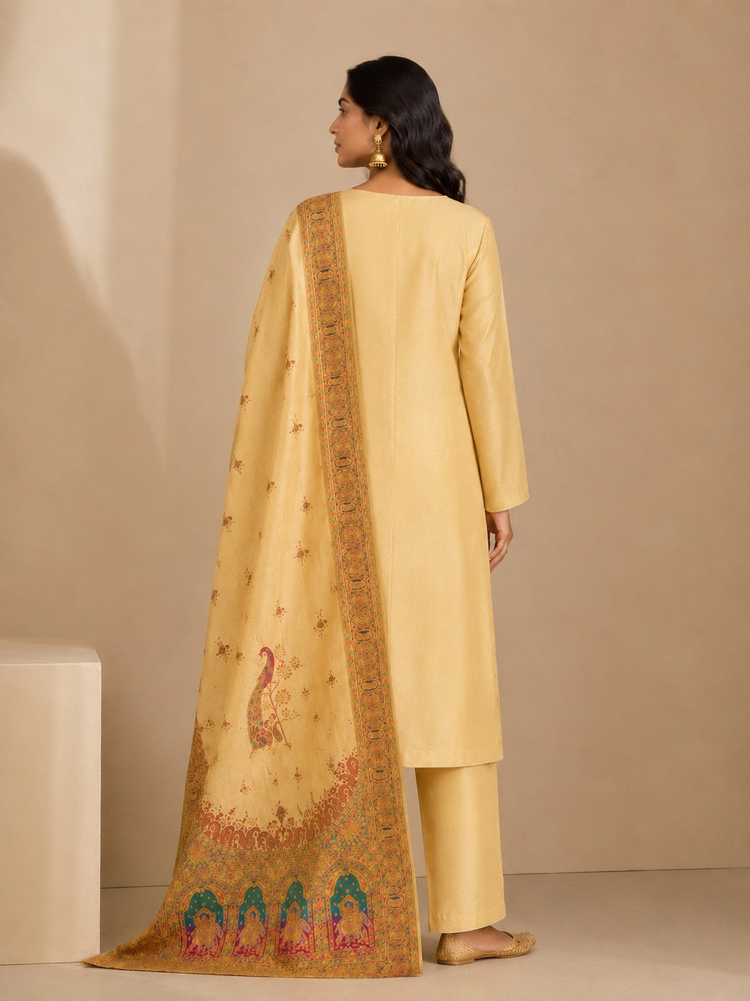 Cream Jacquard Silk Unstitched Dress Material
