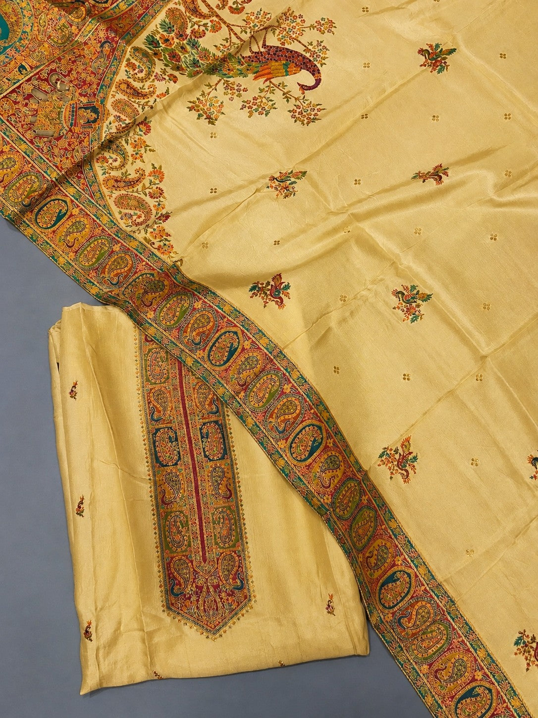 Cream Jacquard Silk Unstitched Dress Material