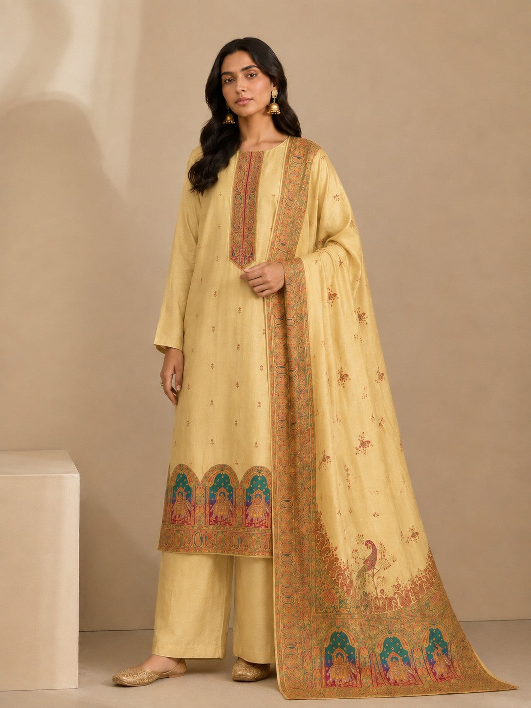 Cream Jacquard Silk Unstitched Dress Material