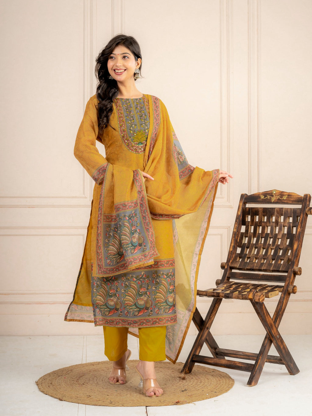 Mustard Chanderi Silk Printed Suit Set with Dupatta