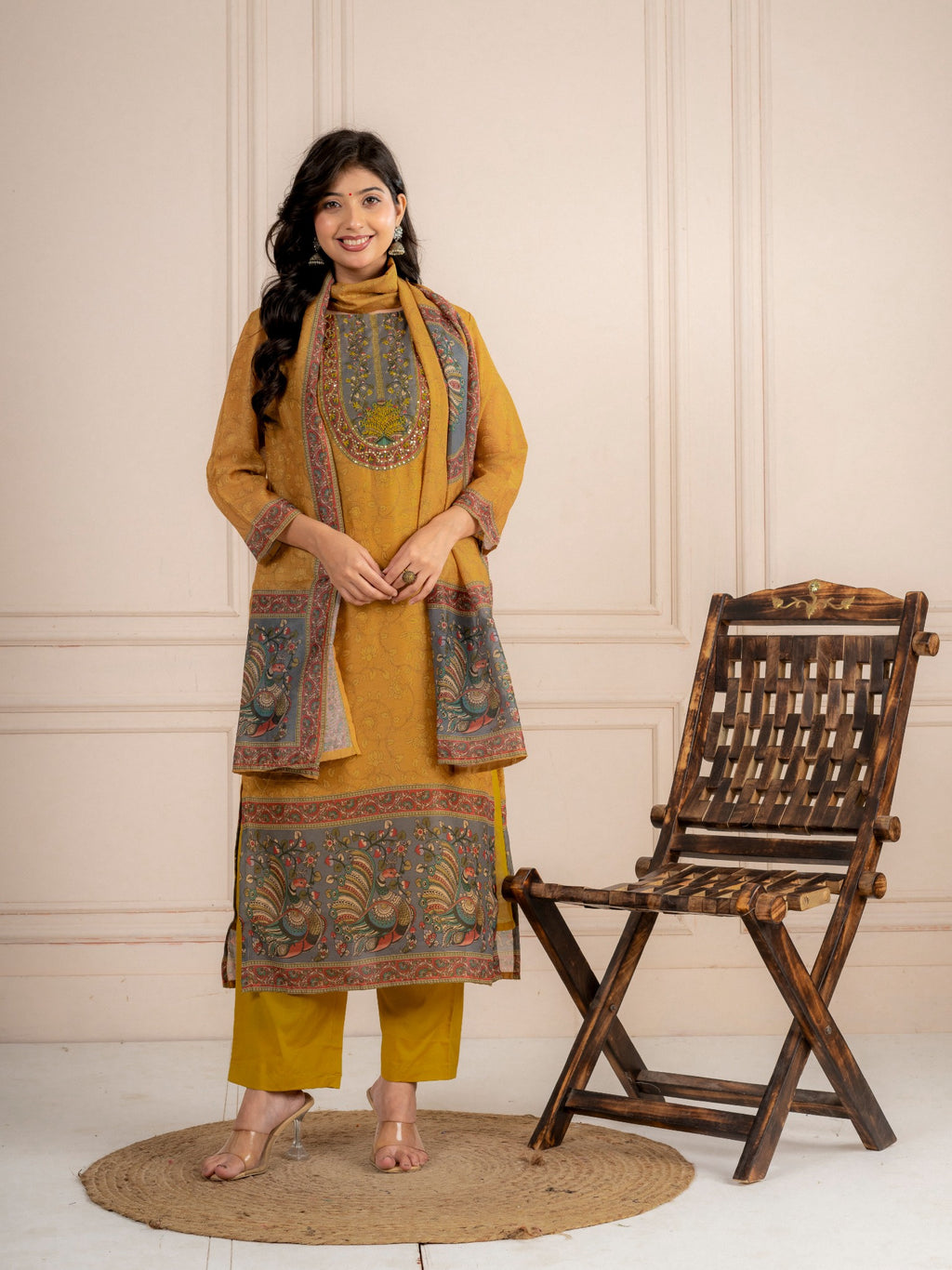 Mustard Chanderi Silk Printed Suit Set with Dupatta