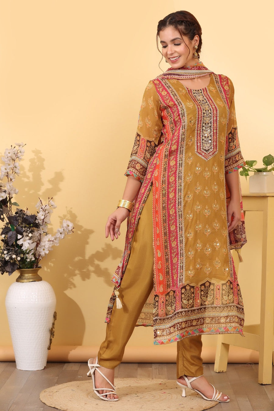 Ochre Roman Silk Printed & Embroidered Suit Set