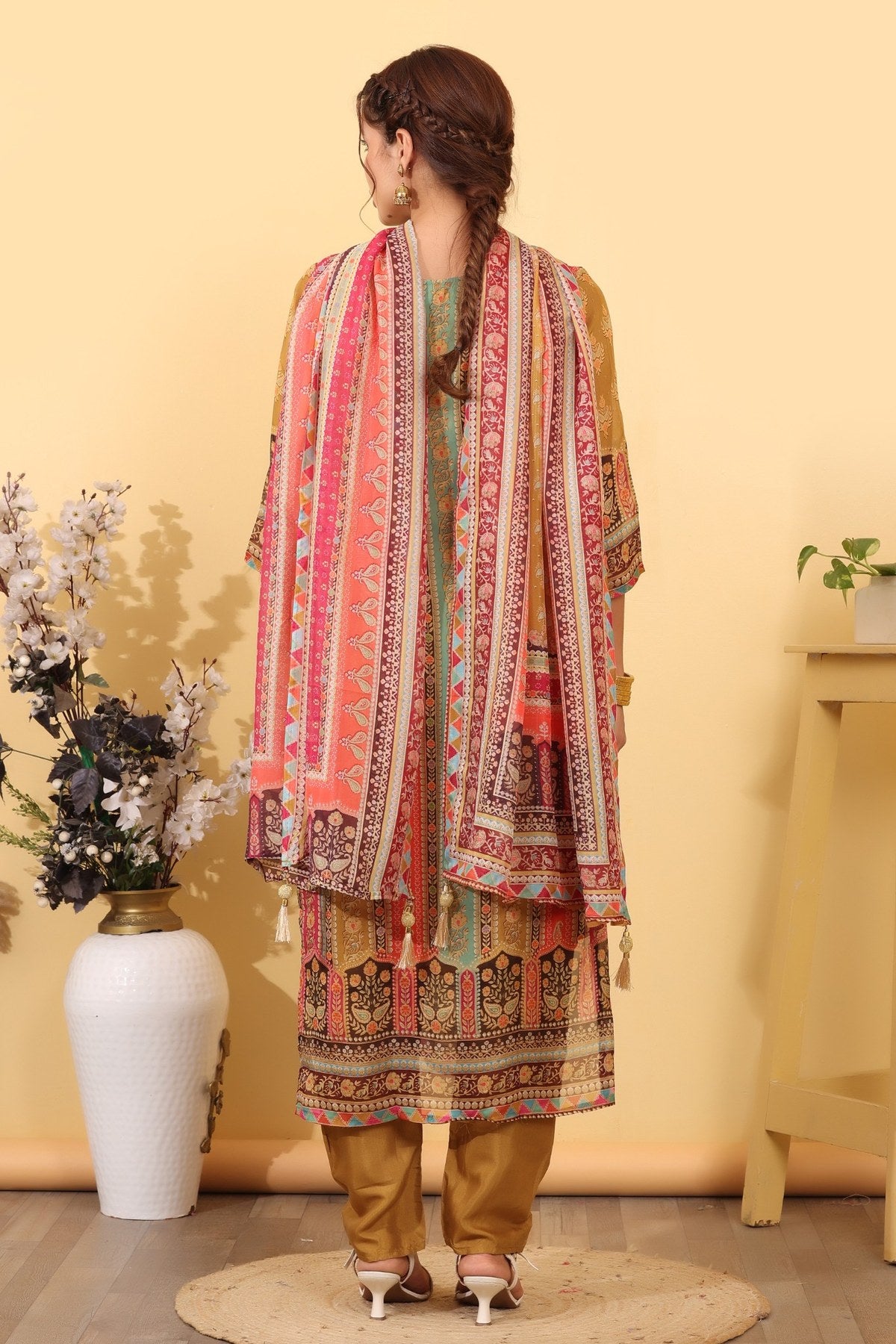 Ochre Roman Silk Printed & Embroidered Suit Set