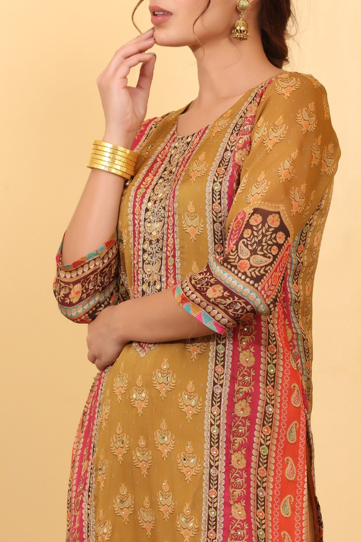 Ochre Roman Silk Printed & Embroidered Suit Set