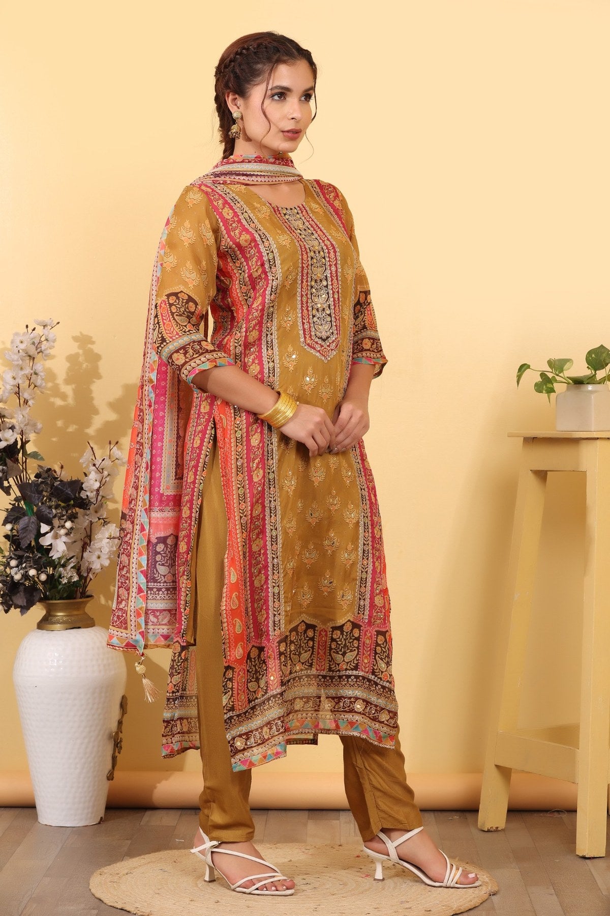 Ochre Roman Silk Printed & Embroidered Suit Set