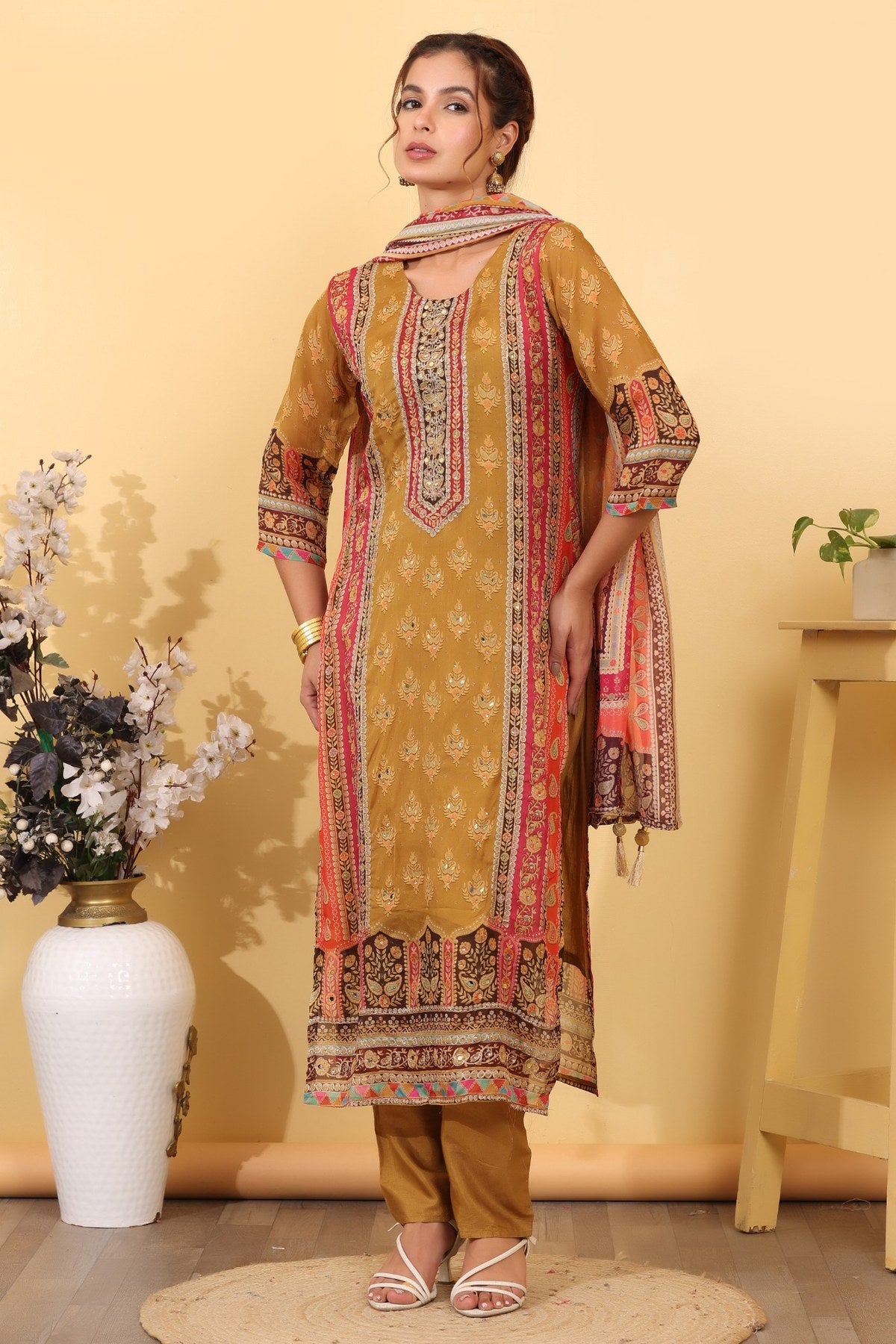Ochre Roman Silk Printed & Embroidered Suit Set