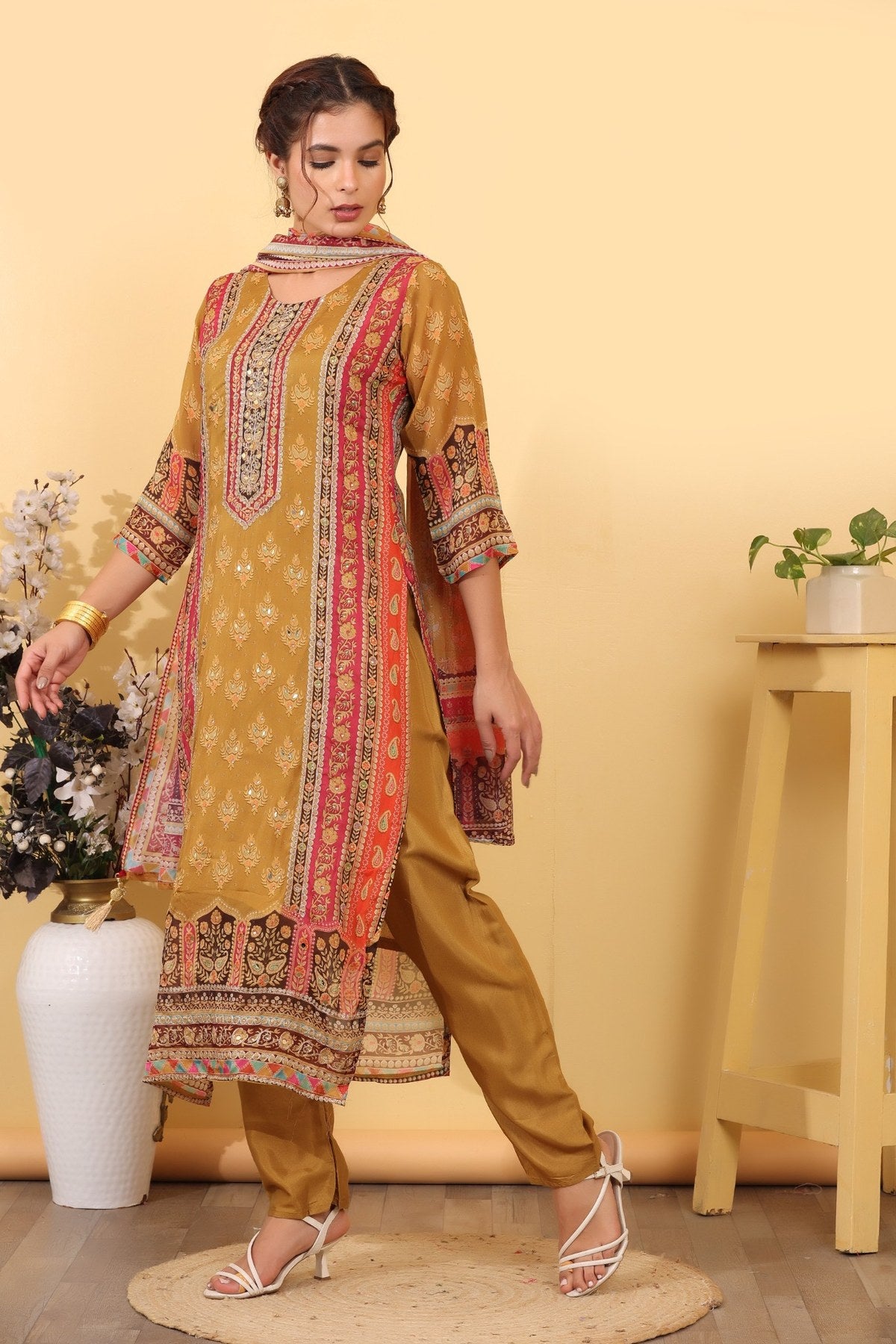 Ochre Roman Silk Printed & Embroidered Suit Set